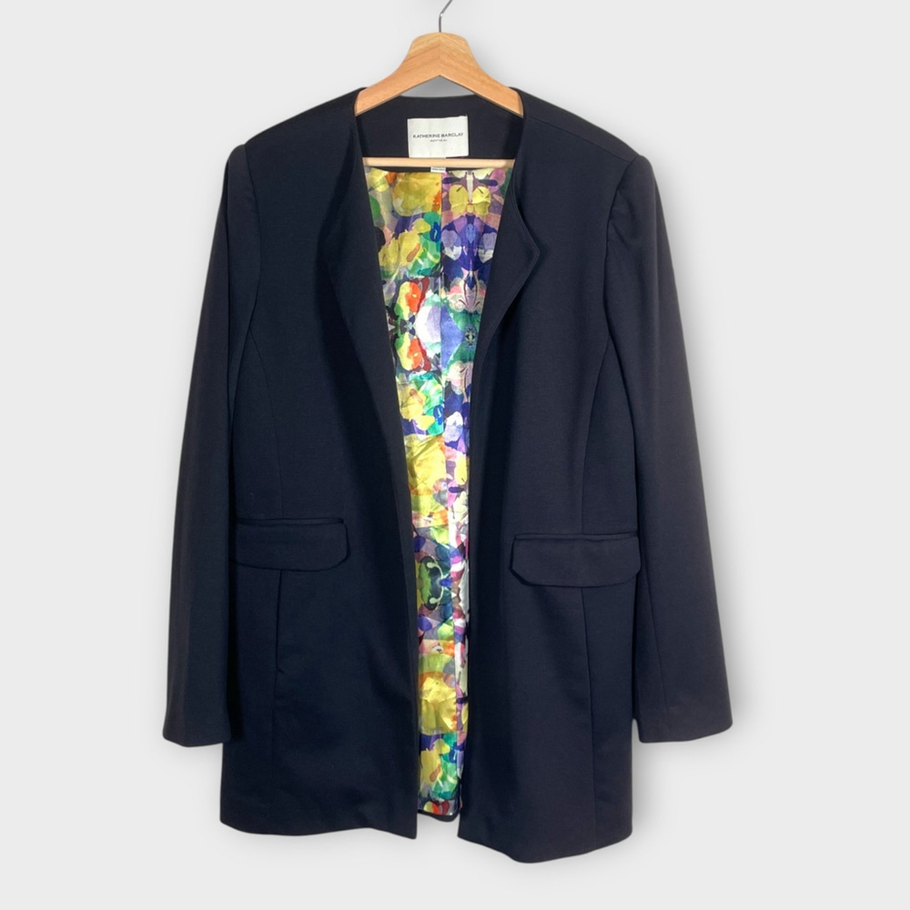🦜 KATHERINE BARCLAY Montreal Open Blazer Jacket XL Dark Blue Lined Careercore